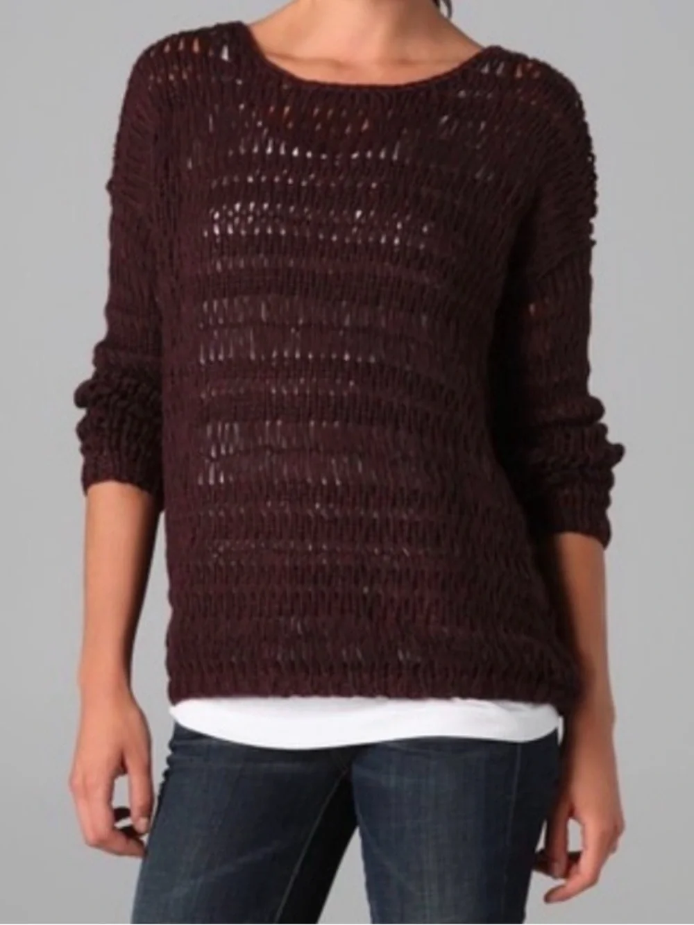 Vince. Pullover Top Sweater SMALL Burgundy Wine‎ Loose Knit Crochet WOOL Blend